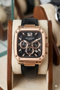 Lee Cooper Siyah Deri Kordon Erkek Kol Saati | 39 mm Rose Renk Çelik Kasa, Mineral Cam, 5ATM