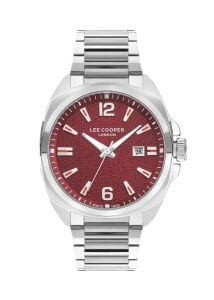 Lee Cooper Kırmızı Kadran Erkek Kol Saati | 46mm Çelik Kasa, Çelik Kordon, Takvimli