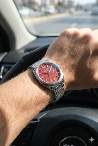 Lee Cooper Kırmızı Kadran Erkek Kol Saati | 46mm Çelik Kasa, Çelik Kordon, Takvimli