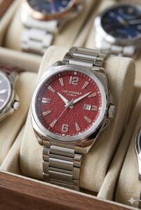 Lee Cooper Kırmızı Kadran Erkek Kol Saati | 46mm Çelik Kasa, Çelik Kordon, Takvimli