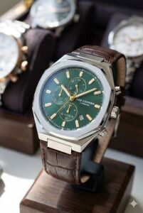 Lee Cooper Klasik ve Şık Erkek Kol Saati | 43 mm Çelik Kasa, Yeşil Kadran, Deri Kordon, 5ATM