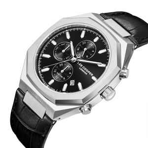 Lee Cooper Klasik Dual Time Erkek Kol Saati | 43 mm Çelik Kasa,  Siyah Deri Kordon, 5 ATM