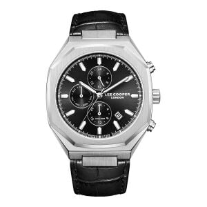 Lee Cooper Klasik Dual Time Erkek Kol Saati | 43 mm Çelik Kasa,  Siyah Deri Kordon, 5 ATM