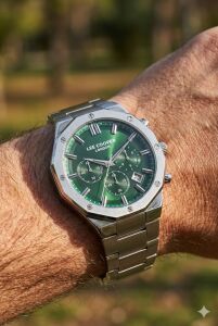 Lee Cooper Yeşil Kadran Erkek Kol Saati | 44mm Sekizgen Kasa, Çok Fonksiyonlu, Çelik Kordon
