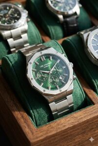 Lee Cooper Yeşil Kadran Erkek Kol Saati | 44mm Sekizgen Kasa, Çok Fonksiyonlu, Çelik Kordon