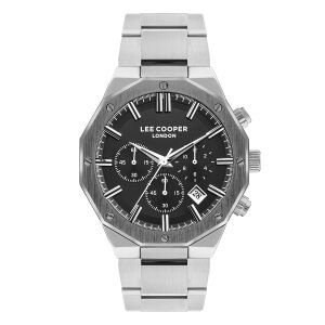 Lee Cooper Sekizgen Çelik Kasa Erkek Kol Saati | 44 mm, Gümüş Renk, Siyah Kadran, 5ATM