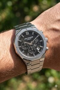 Lee Cooper Sekizgen Çelik Kasa Erkek Kol Saati | 44 mm, Gümüş Renk, Siyah Kadran, 5ATM