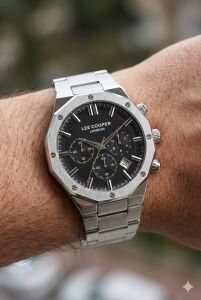 Lee Cooper Sekizgen Çelik Kasa Erkek Kol Saati | 44 mm, Gümüş Renk, Siyah Kadran, 5ATM