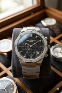 Lee Cooper Sekizgen Çelik Kasa Erkek Kol Saati | 44 mm, Gümüş Renk, Siyah Kadran, 5ATM