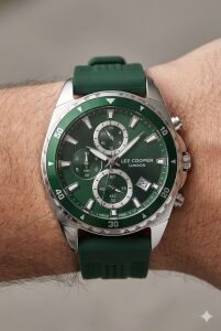Lee Cooper Spor, Yeşil Kadran Erkek Kol Saati | 44mm, Çok Fonksiyonlu, Silikon Kordon