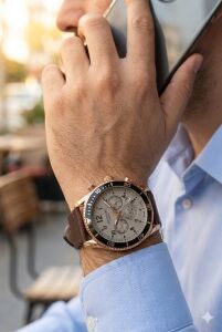 Lee Cooper 41mm Rose Gold Kasa, Kahverengi Deri Kordon, Multifonksiyon Erkek Kol Saati