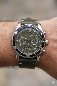 Lee Cooper 41mm Çelik Kasa, Haki Deri Kordon, Multifonksiyon Erkek Kol Saati