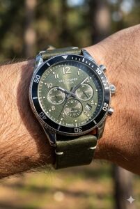 Lee Cooper 41mm Çelik Kasa, Haki Deri Kordon, Multifonksiyon Erkek Kol Saati