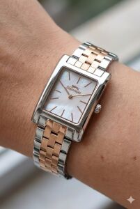 Slazenger 23mm Dikdörtgen Kasa Kadın Kol Saati | Silver & Rose Gold Renk Çelik Kordon, Sedef Kadran