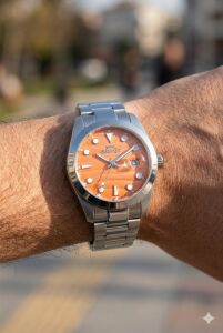 Slazenger 41mm, Rolex Tasarım Erkek Kol Saati | Turuncu Kadran, Gümüş Renk Çelik Kordon, Takvimli Mekanizma,