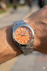 Slazenger 41mm, Rolex Tasarım Erkek Kol Saati | Turuncu Kadran, Gümüş Renk Çelik Kordon, Takvimli Mekanizma,