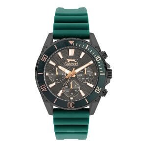 Slazenger 44mm Kurşun Renk Kasa, Yeşil Silikon Kordon, Multifonksiyon Erkek Kol Saati