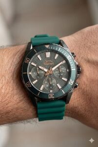 Slazenger 44mm Kurşun Renk Kasa, Yeşil Silikon Kordon, Multifonksiyon Erkek Kol Saati