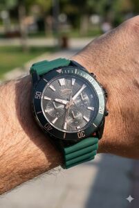 Slazenger 44mm Kurşun Renk Kasa, Yeşil Silikon Kordon, Multifonksiyon Erkek Kol Saati