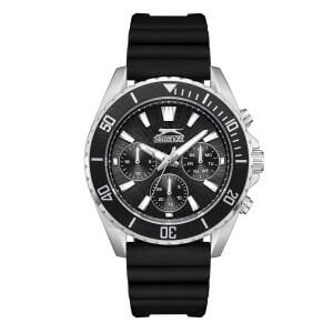 Slazenger 44mm Gümüş Kasa, Siyah Silikon Kordon, Multifonksiyon, Spor Erkek Kol Saati