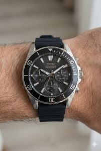 Slazenger 44mm Gümüş Kasa, Siyah Silikon Kordon, Multifonksiyon, Spor Erkek Kol Saati