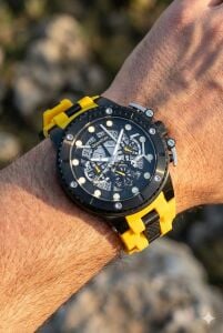 Quantum 50mm, Kronograf Erkek Kol Saati | Paslanmaz Çelik Kasa, Sarı Silikon Kordon, Safir Cam, 10 ATM