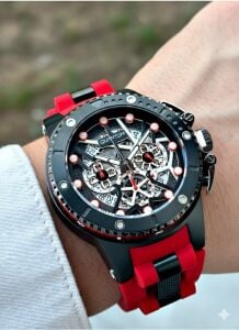 Quantum 50mm, Kronograf Erkek Kol Saati | Safir Cam, Kırmızı Silikon Kordon, 10ATM