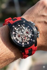 Quantum 50mm, Kronograf Erkek Kol Saati | Safir Cam, Kırmızı Silikon Kordon, 10ATM