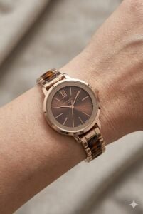 Lee Cooper Kadın Kol Saati | 32mm, Kahverengi Kadran, Pembe Altın Renk Kasa ve Kordon