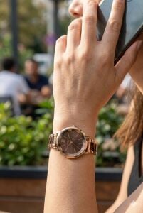 Lee Cooper Kadın Kol Saati | 32mm, Kahverengi Kadran, Pembe Altın Renk Kasa ve Kordon