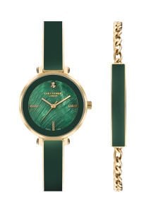 Lee Cooper Yeşil Kadranlı Kadın Kol Saati | Altın Renk Çelik Kordonlu - Bileklik Hediyeli