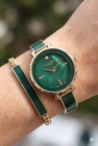 Lee Cooper Yeşil Kadranlı Kadın Kol Saati | Altın Renk Çelik Kordonlu - Bileklik Hediyeli