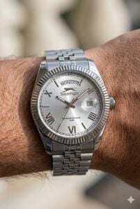 Slazenger 41mm Erkek Kol Saati | Çelik Kordonlu, Gümüş Kadran, Day Date Tasarım, 10ATM