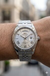 Slazenger 41mm Erkek Kol Saati | Çelik Kordonlu, Gümüş Kadran, Day Date Tasarım, 10ATM