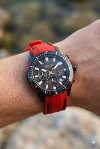 Quantum Spor Erkek Kol Saati | 45mm Spor Kasa, Kırmızı Silikon Kordon, Kronograf, 10ATM