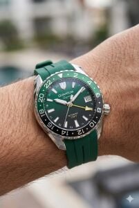 Quantum Otomatik GMT Erkek Kol Saati | 42mm, Safir Cam, Yeşil Silikon, 20ATM