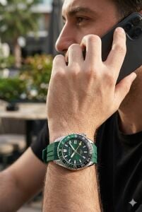 Quantum Otomatik GMT Erkek Kol Saati | 42mm, Safir Cam, Yeşil Silikon, 20ATM