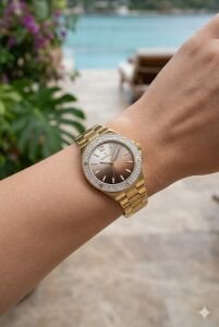 Essence Kadın 32 mm Çelik Kasa Altın Çelik Kordon Kahverengi Kadran Kol Saati