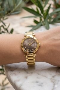 Essence 26 mm Çelik Kasa Gold Çelik Kordon Koyu Kahverengi Kadran Kadın Kol Saati