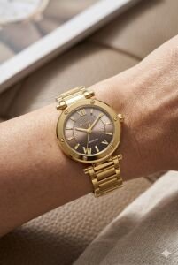 Essence 26 mm Çelik Kasa Gold Çelik Kordon Koyu Kahverengi Kadran Kadın Kol Saati