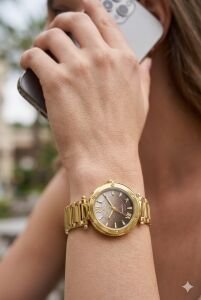 Essence 26 mm Çelik Kasa Gold Çelik Kordon Koyu Kahverengi Kadran Kadın Kol Saati