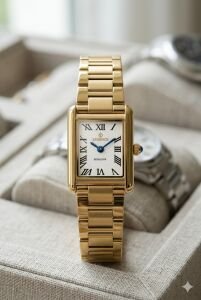 Essence Dikdörtgen Kasa Kadın Kol Saati | 22 mm Çelik Kasa, Gold Çelik Kordon, Beyaz Kadran