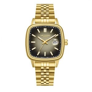 Lee Cooper Altın Kare Kasa Erkek Kol Saati | 40 mm Çelik Kasa, Altın Çelik Kordon, Füme Kadran