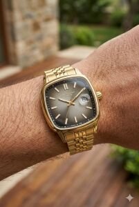 Lee Cooper Altın Kare Kasa Erkek Kol Saati | 40 mm Çelik Kasa, Altın Çelik Kordon, Füme Kadran