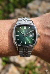 Lee Cooper Gümüş Kare Kasa Erkek Kol Saati | 40 mm Çelik Kasa, Gümüş Çelik Kordon, Yeşil Kadran