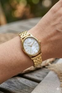 Lee Cooper Altın Yuvarlak Kasa Kadın Kol Saati | 24 mm Çelik Kasa, Altın Çelik Kordon, Sedef Kadran