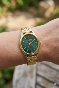 Lee Cooper Altın Yuvarlak Kasa Kadın Kol Saati | 24 mm Çelik Kasa, Altın Çelik Kordon, Yeşil Kadran