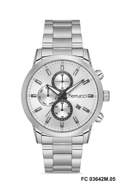 Ferrucci Gümüş Renk Erkek Kol Saati | 43 mm Çelik Kasa, Gümüş Çelik Kordon, Gümüş Kadran