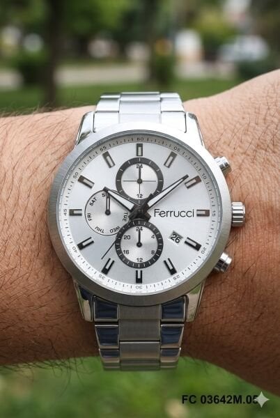 Ferrucci Gümüş Renk Erkek Kol Saati | 43 mm Çelik Kasa, Gümüş Çelik Kordon, Gümüş Kadran