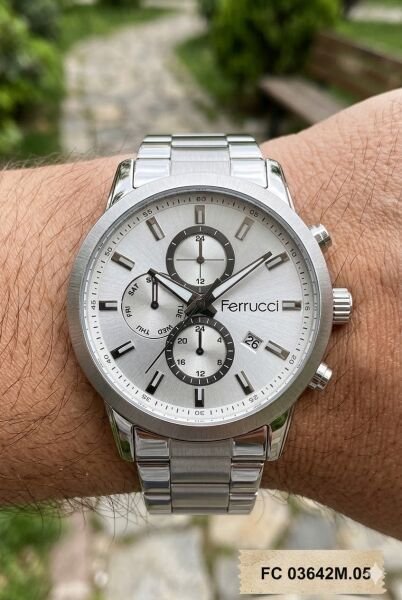 Ferrucci Gümüş Renk Erkek Kol Saati | 43 mm Çelik Kasa, Gümüş Çelik Kordon, Gümüş Kadran